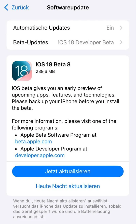 鲁甸苹果手机维修分享苹果 iOS / iPadOS 18 开发者预览版 Beta 8 发布 